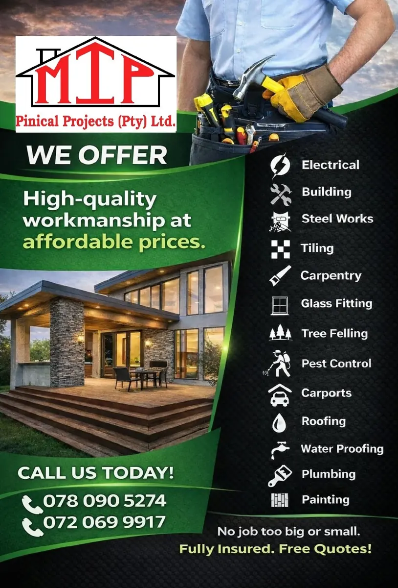 MIP Pinnacle Projects (Pty) Ltd — we offer electrical, building, steel works, tiling, carpentry, glass fitting, tree felling, pest control, carports, roofing, waterproofing, plumbing and painting